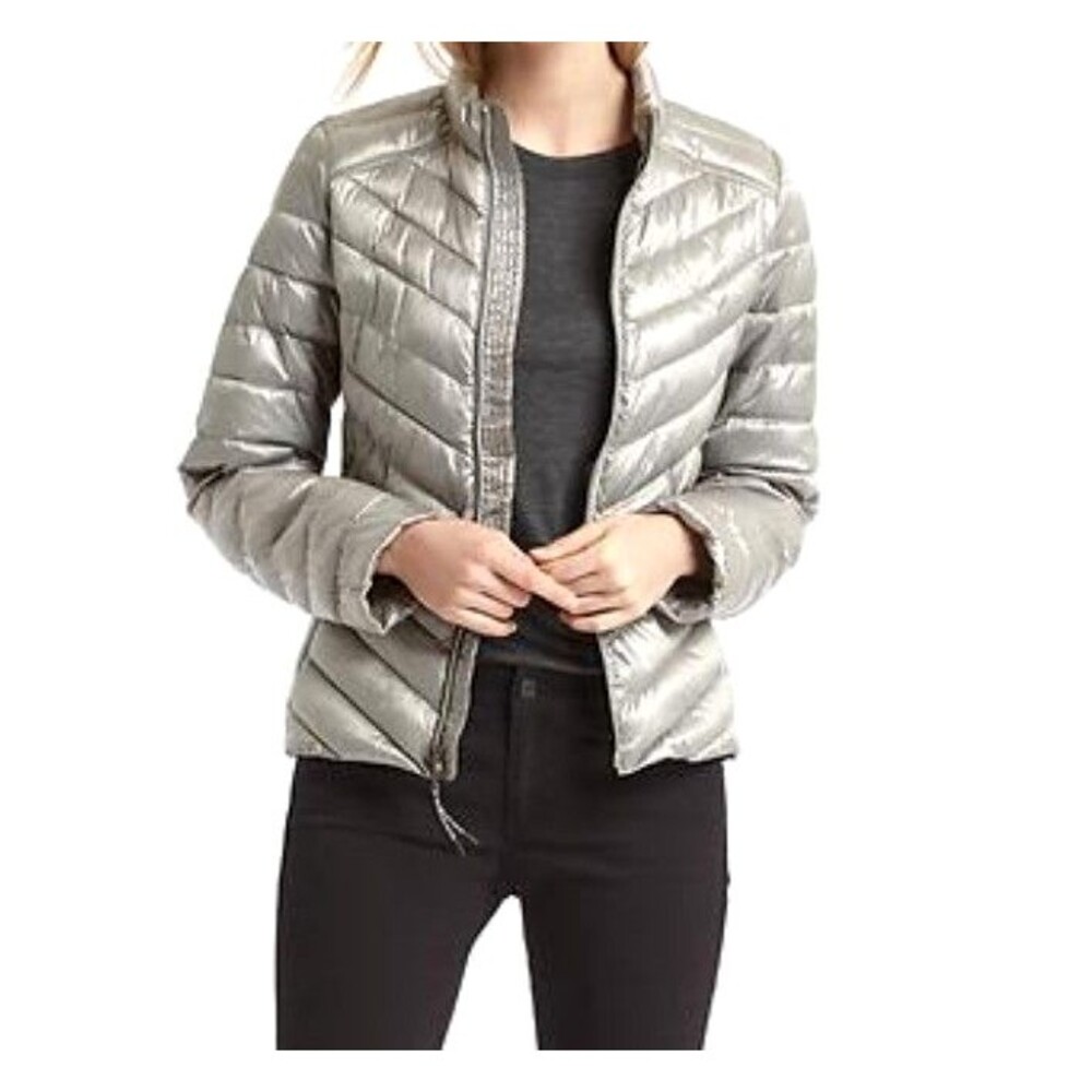 GAP Women’s Puffer Jacket Size Small Gray Metallic Silver Quilted Full Zip